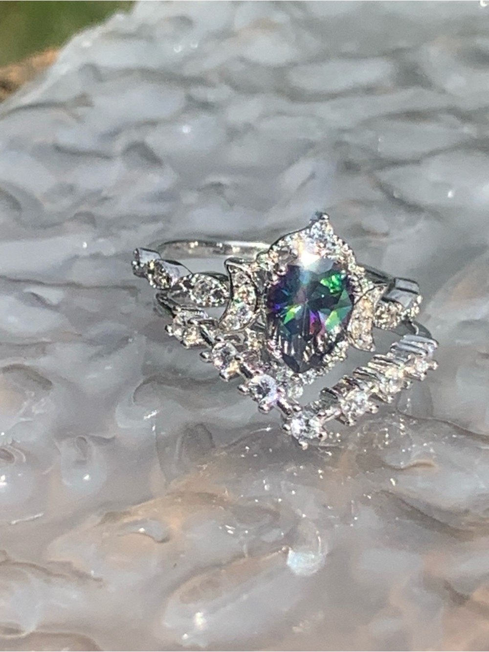 Triple Moon Ring Set, Mystic Topaz With 925 Silver Ring Set Size 5, 6, Or 7